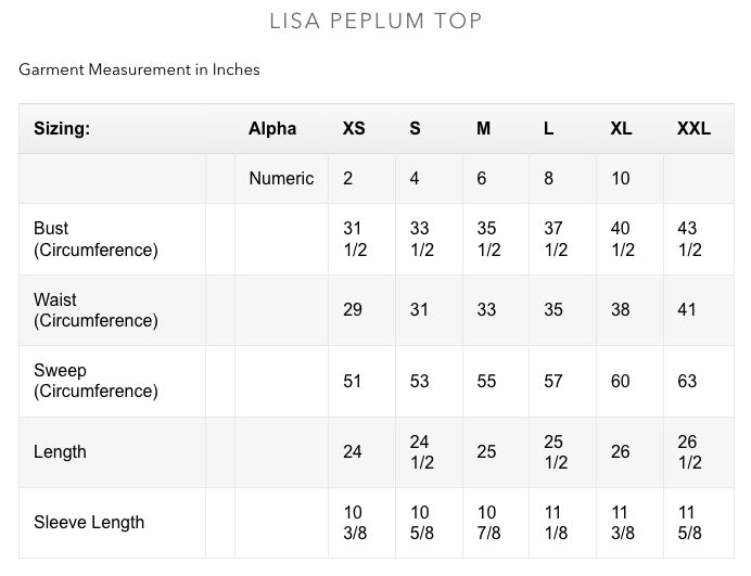 Size chart for Lisa Peplum Top by Preloved showing bust, waist, sweep, length, and sleeve measurements in inches for XS to XXL