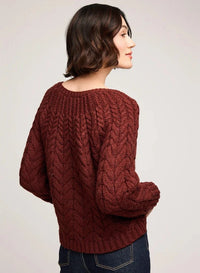 Back view of Gentle Fawn Lorenzo Sweater in mahogany, cable knit texture – Lemonberry boutique