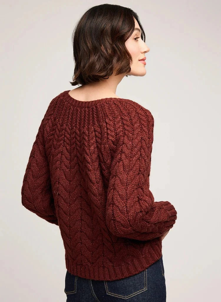 Back view of Gentle Fawn Lorenzo Sweater in mahogany, cable knit texture – Lemonberry boutique