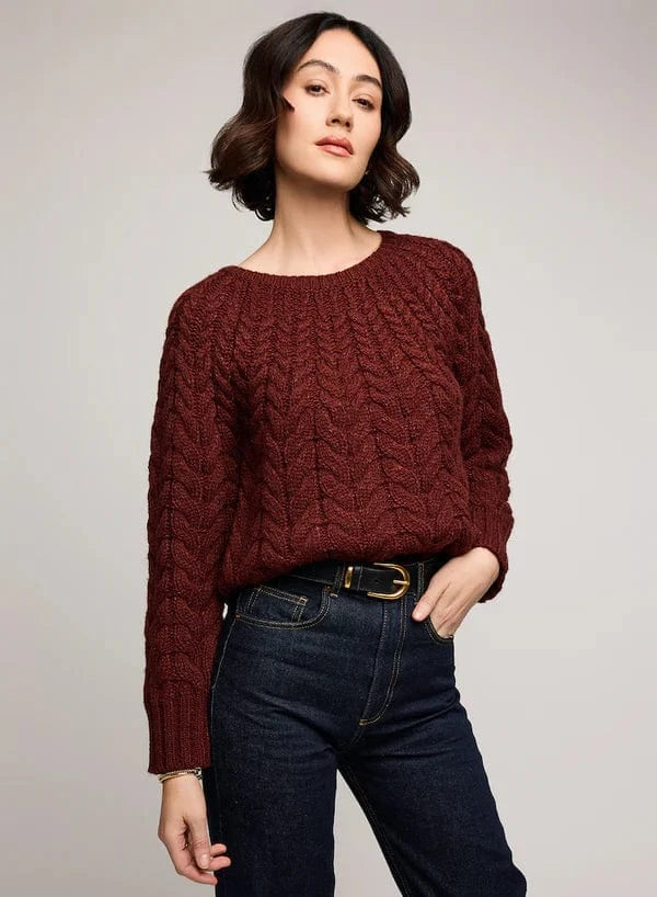 Gentle Fawn Lorenzo Sweater in mahogany, cable knit front view – Halifax to Bradford style – Lemonberry Aurora