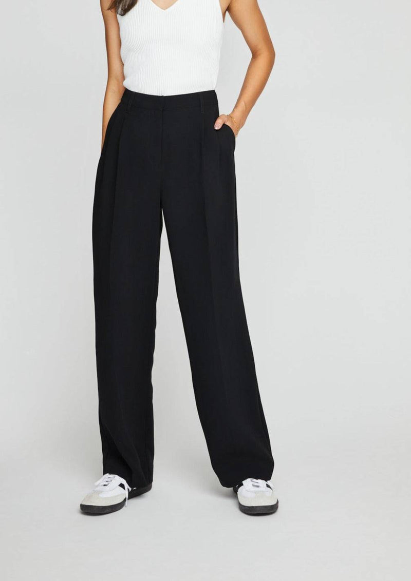 Close-up of the Lottie Pant in black, front view, highlighting the fabric texture and side pockets. Available at Lemonberry, Aurora, ON.