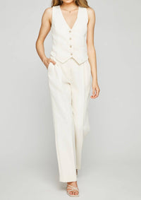 Close-up of the Lottie Pant in white, front view, showing pleat details and fabric texture. Available at Lemonberry, Aurora, ON.