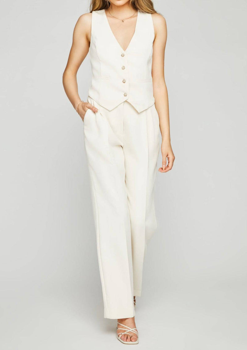 Close-up of the Lottie Pant in white, front view, showing pleat details and fabric texture. Available at Lemonberry, Aurora, ON.