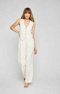 The Lottie Pant in white, full front view from a distance, showing its relaxed trouser silhouette. Available at Lemonberry, Aurora, ON.