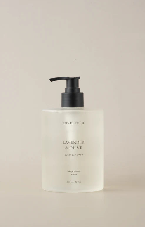 Lovefresh Everyday Wash – Lavender & Olive bottle styled on beige surface.