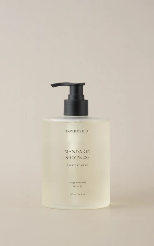 Lovefresh Everyday Wash – Mandarin & Cypress bottle on light countertop.