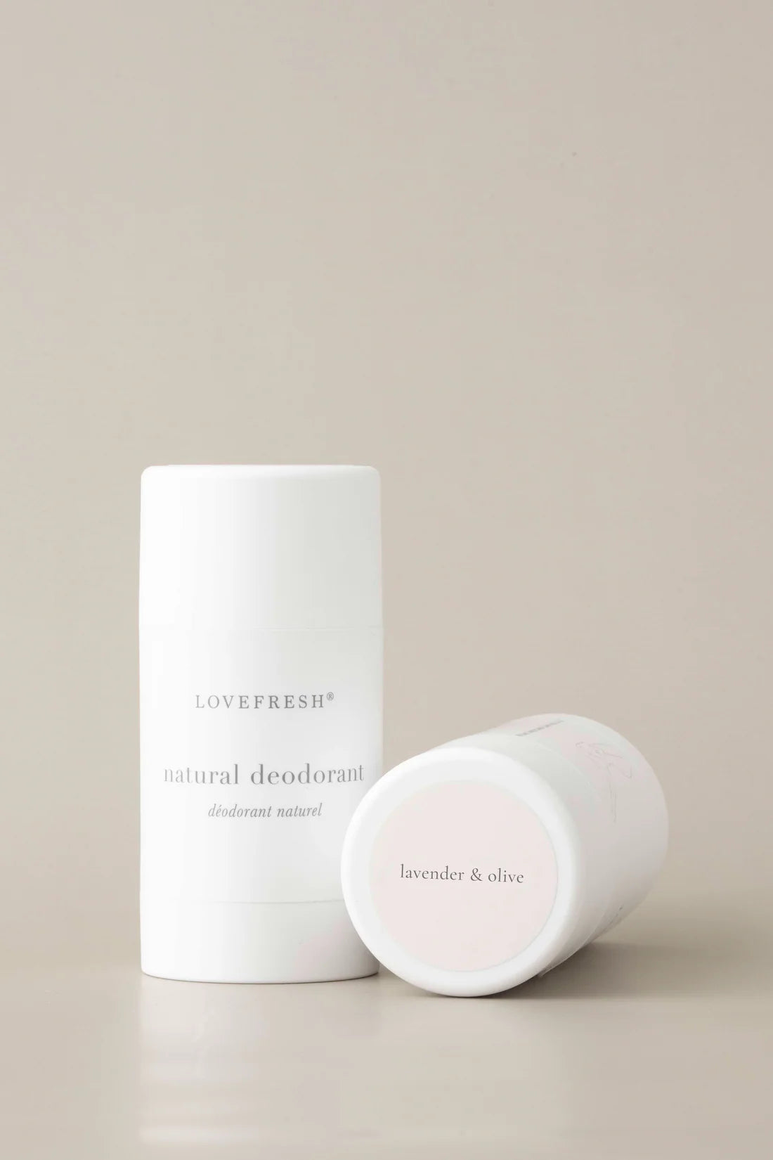 Lavender & Olive deodorant styled flat lay