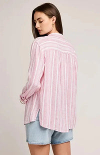 Back view of the Gentle Fawn Luka Shirt showing vertical pink and white stripes and relaxed fit
