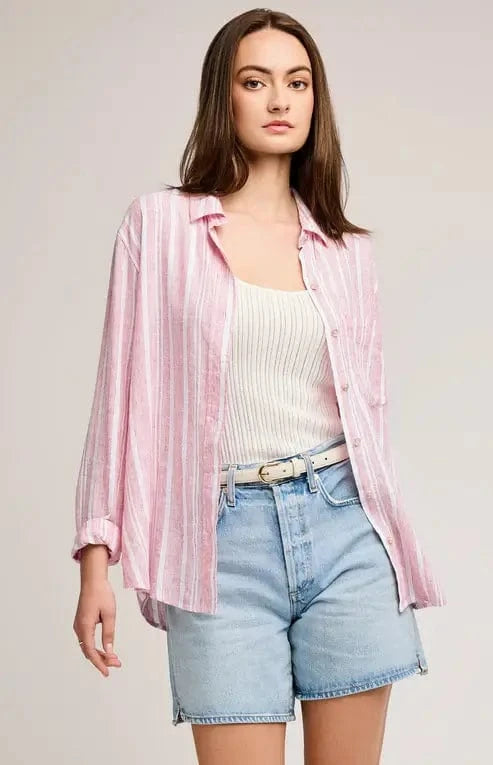 Front view of the Gentle Fawn Luka Shirt styled open over a ribbed tank with denim shorts