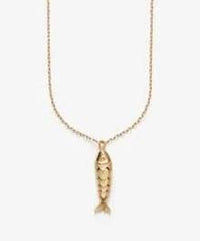 Gold fish-shaped pendant on a chain against a white background