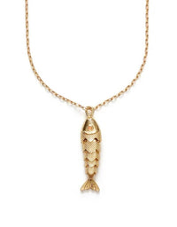 Gold fish-shaped pendant on a chain against a white background