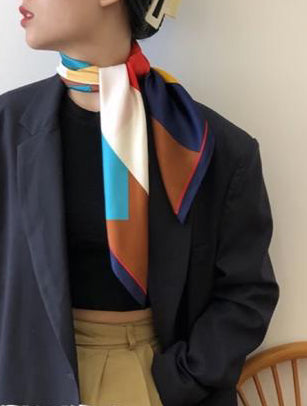 LUV & Co geometric square scarf neck-tie detail view Lemonberry Aurora