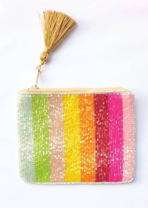 LUV & Co multi stripe beaded coin pouch with colourful beadwork and tassel zipper pull at Lemonberry Canada