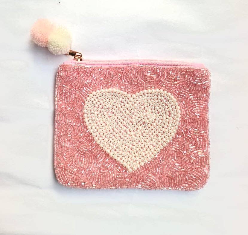LUV & Co Pearl Heart beaded pouch front view Lemonberry Aurora