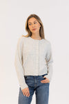 Front view of Lyla & Luxe Aisha Pearl sweater in grey marl with pearl embellishments
