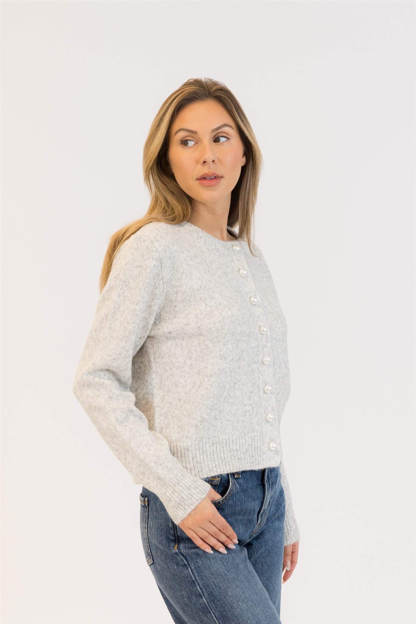 Side view of Aisha Pearl grey marl sweater by Lyla & Luxe
