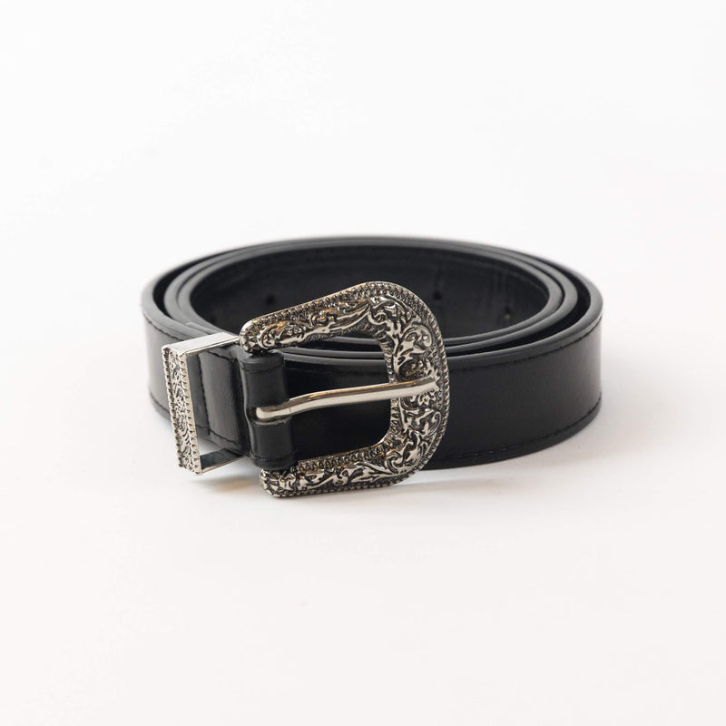 Black Lyla & Luxe belt with detailed silver western-style buckle, photographed against white background