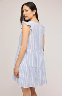 Back view of the Maggie dress by Gentle Fawn, in blue and white.