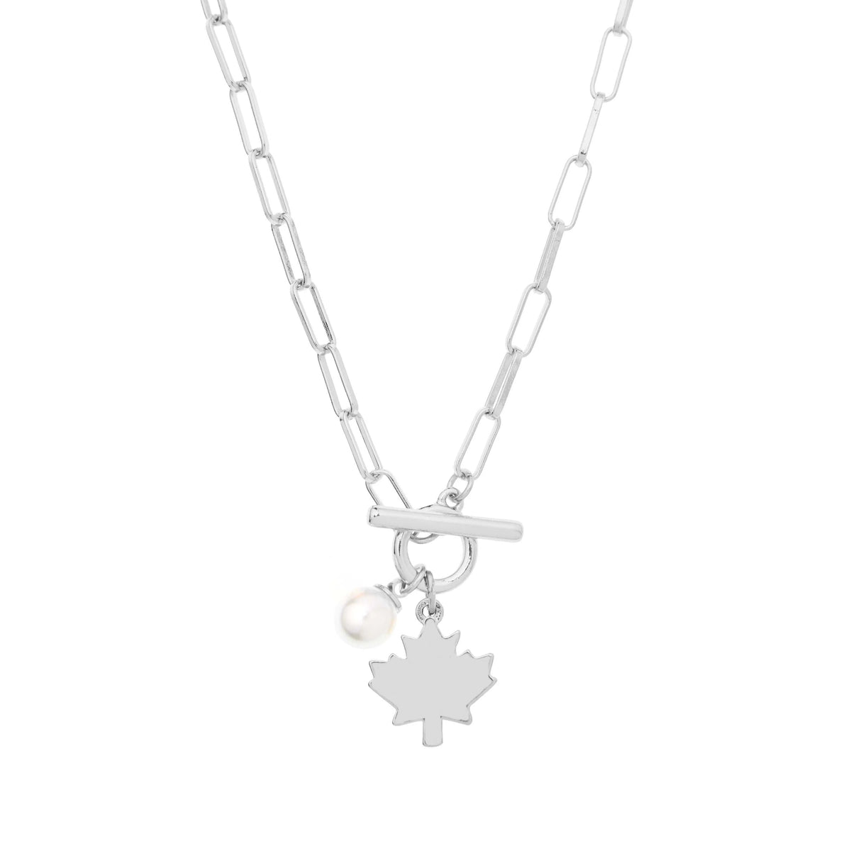 Isolated product shot of Maple Leaf Toggle Necklace in silver with pearl charm by Foxy Originals