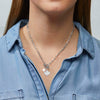 Silver Maple Leaf Toggle Necklace with pearl charm styled on model in chambray shirt – Foxy Originals at Lemonberry