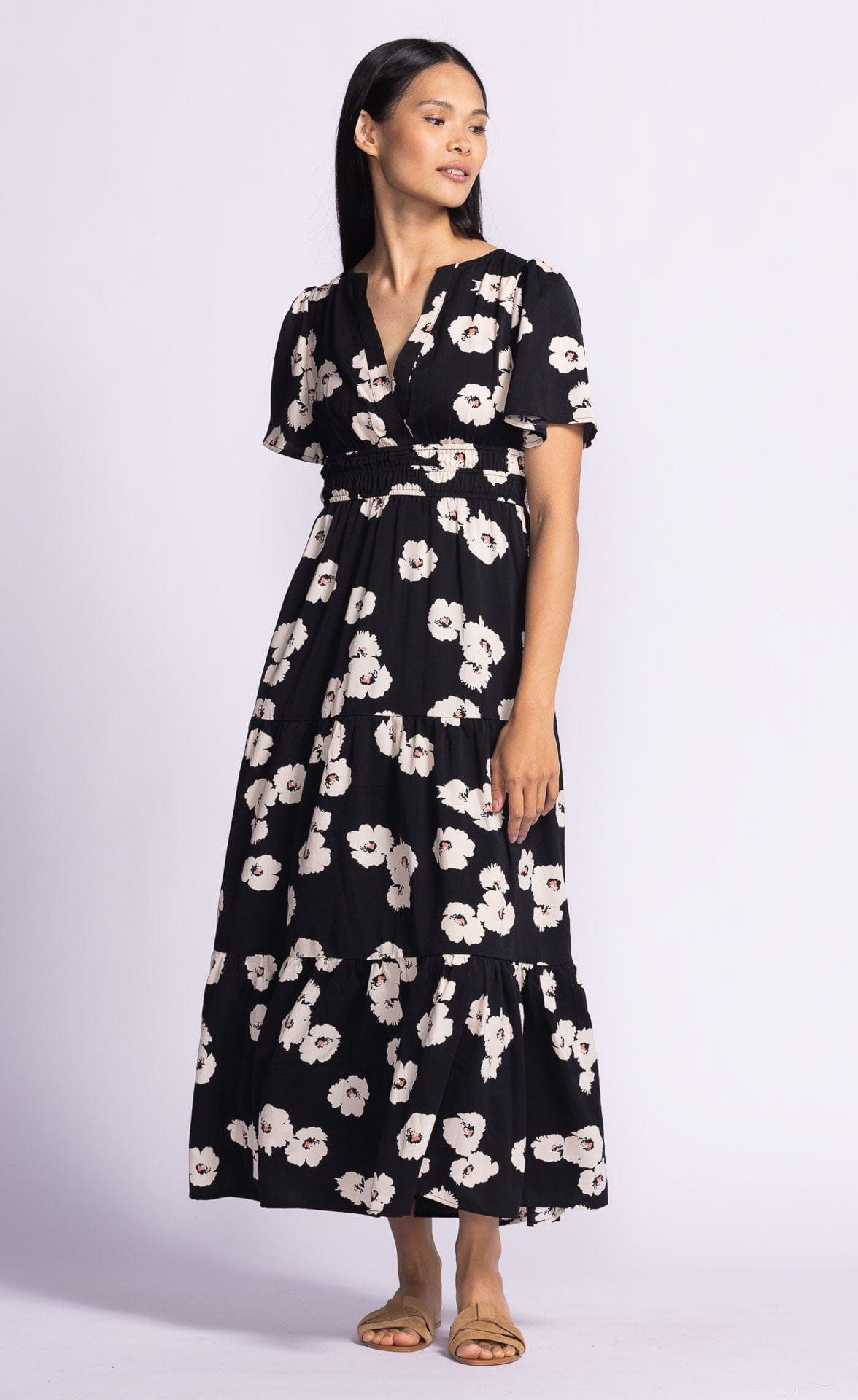 Margaret Dress by Pink Martini - a Canadian fashion designer - on a model  pairing it with brown sandals available at Lemonberry Aurora, Ontario.