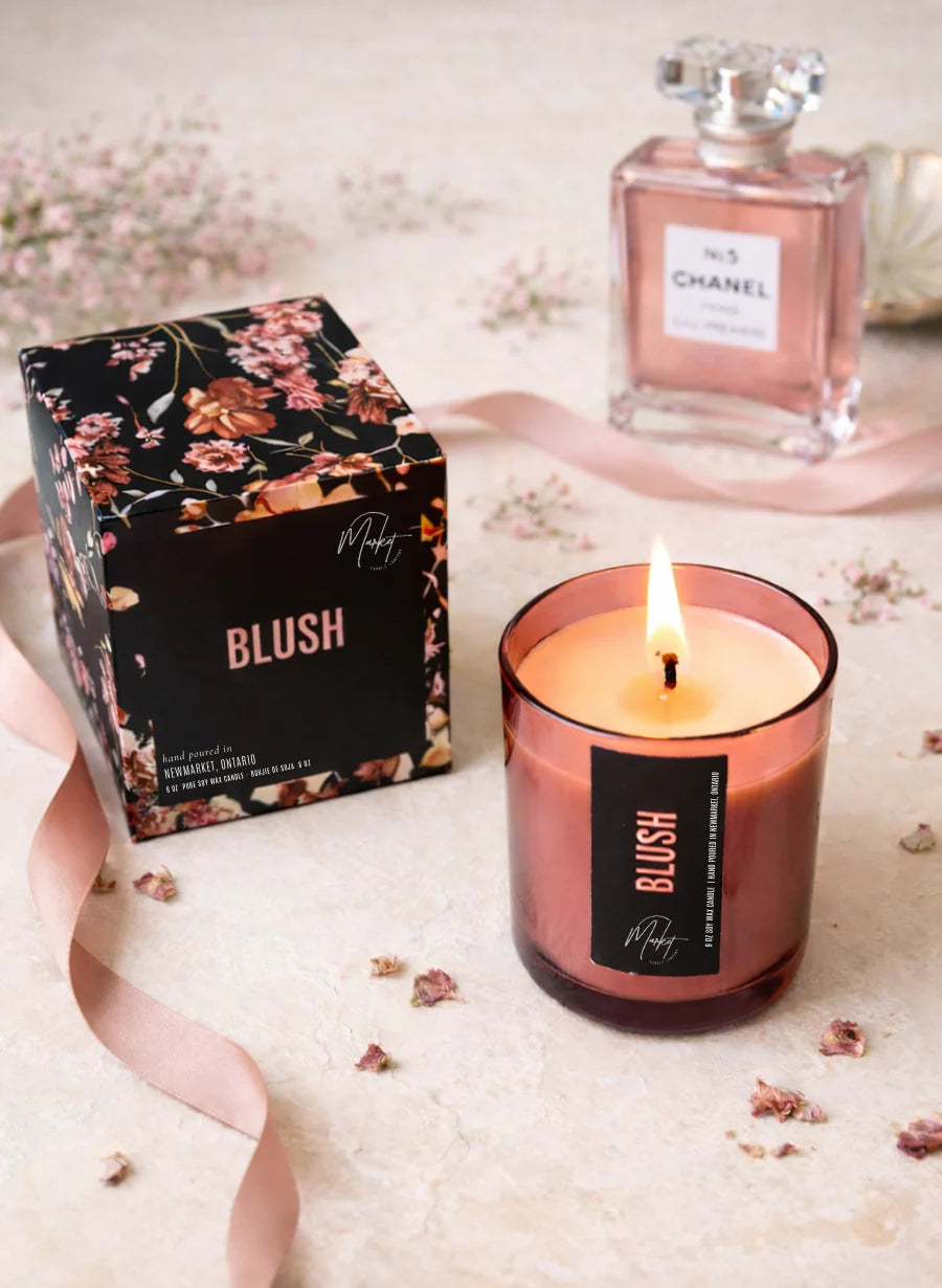 Market Candle Company Blush soy wax candle lit pink glass lifestyle setting Lemonberry Aurora