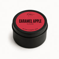 Market Candle Company Caramel Apple mini soy candle in a black tin with a red label