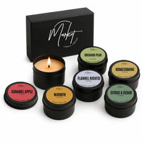 Market Candle Company fall mini soy candle collection with six scents in black tins