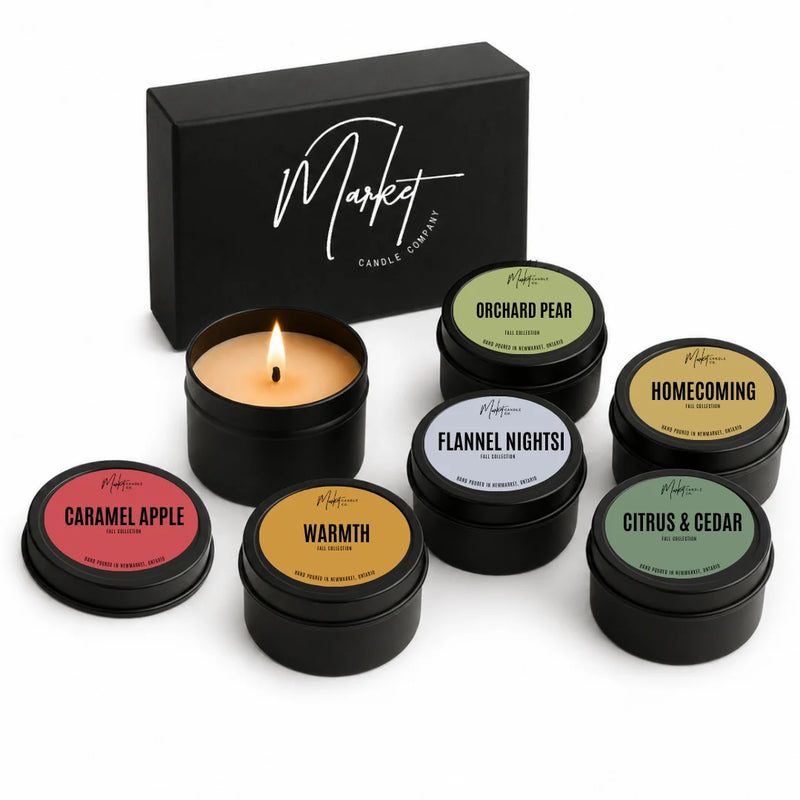 Market Candle Company fall mini soy candle collection with six scents in black tins