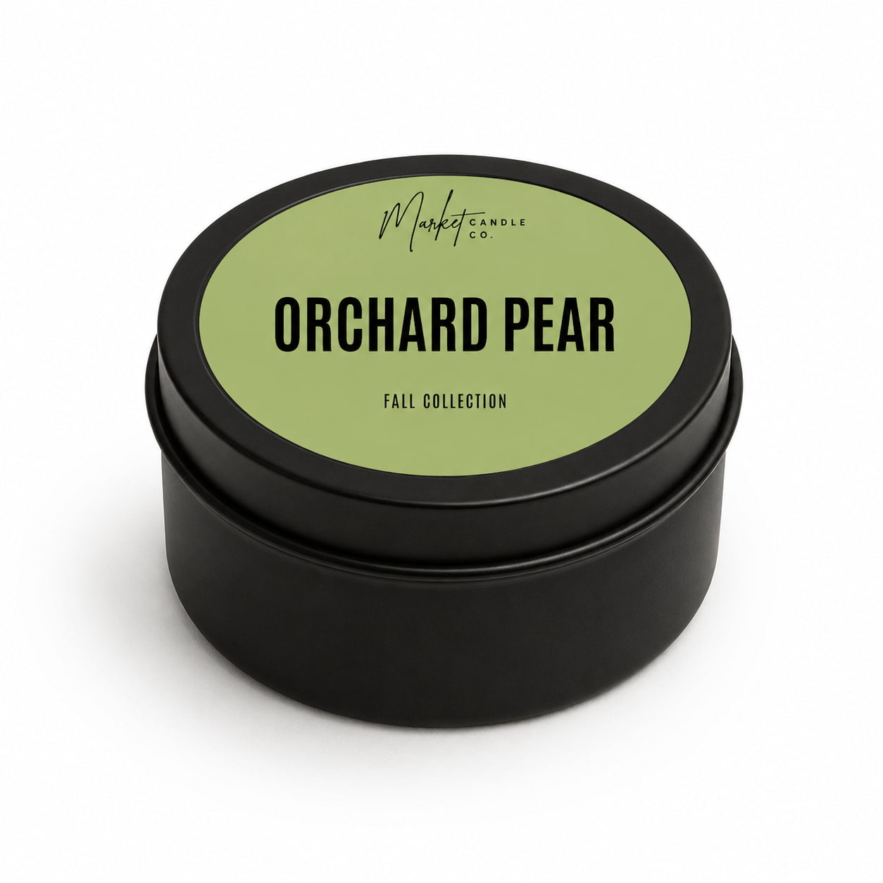 Market Candle Company Orchard Pear mini soy candle in a black tin with a light green label