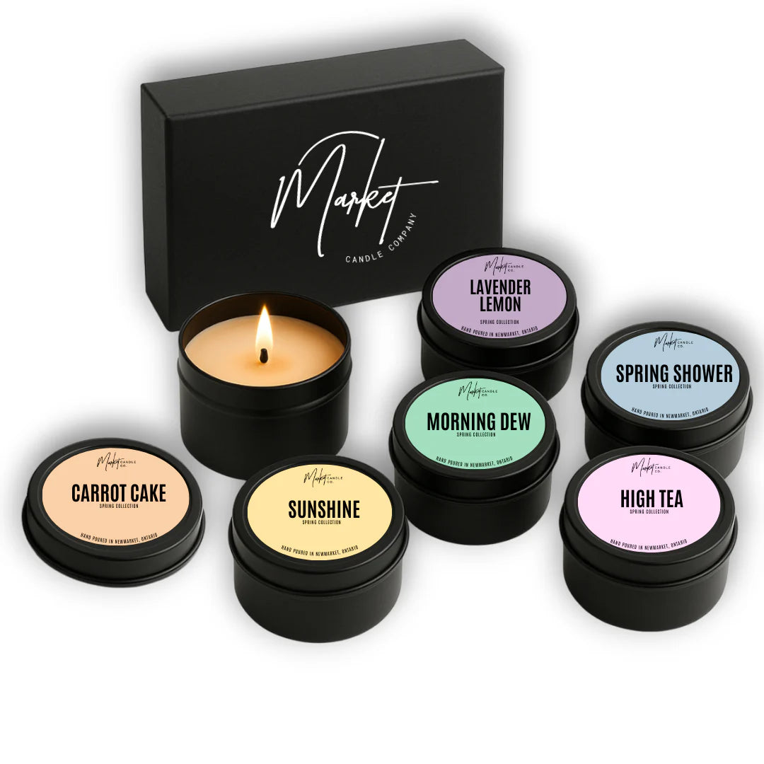 Market Candle Company spring collection mini candles assorted tins top view Lemonberry Aurora