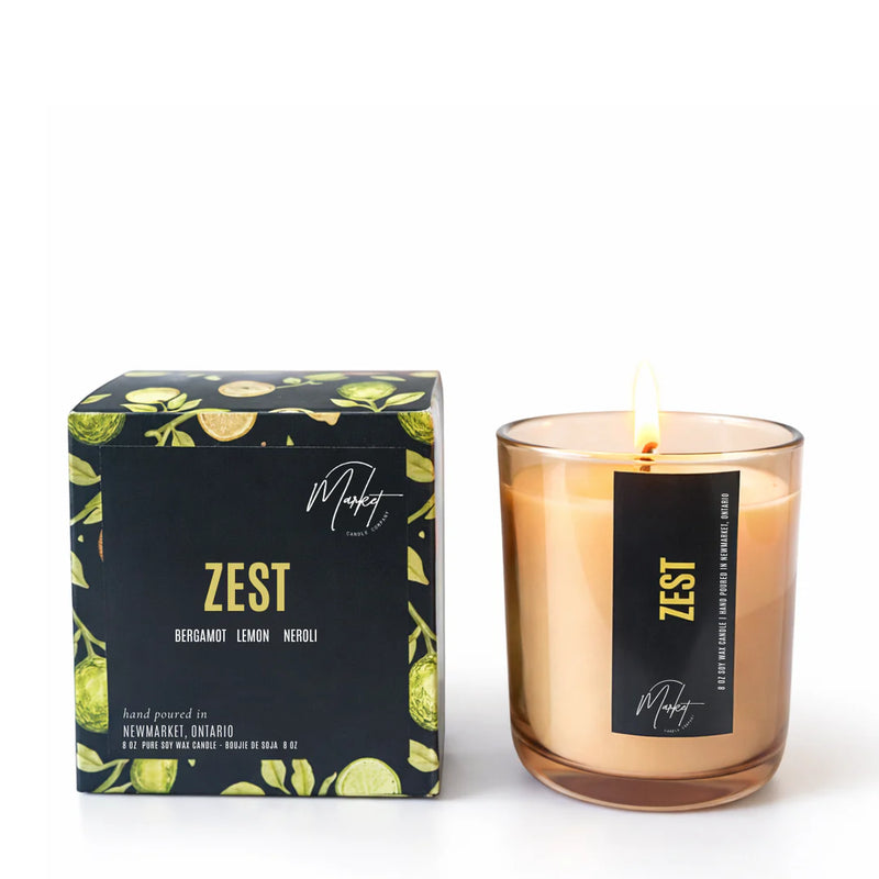 Market Candle Company Zest soy wax candle amber glass jar with box front view Lemonberry Aurora