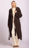 Martha Sweater in brown by Pink Martini worn open over white tee and jeans, styled for casual fall look