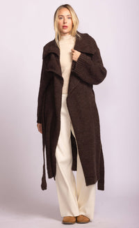 Martha Sweater in brown by Pink Martini worn open over white tee and jeans, styled for casual fall look