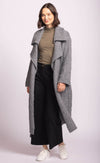 Martha Sweater in grey by Pink Martini, worn open over olive top and wide-leg pants, styled casually