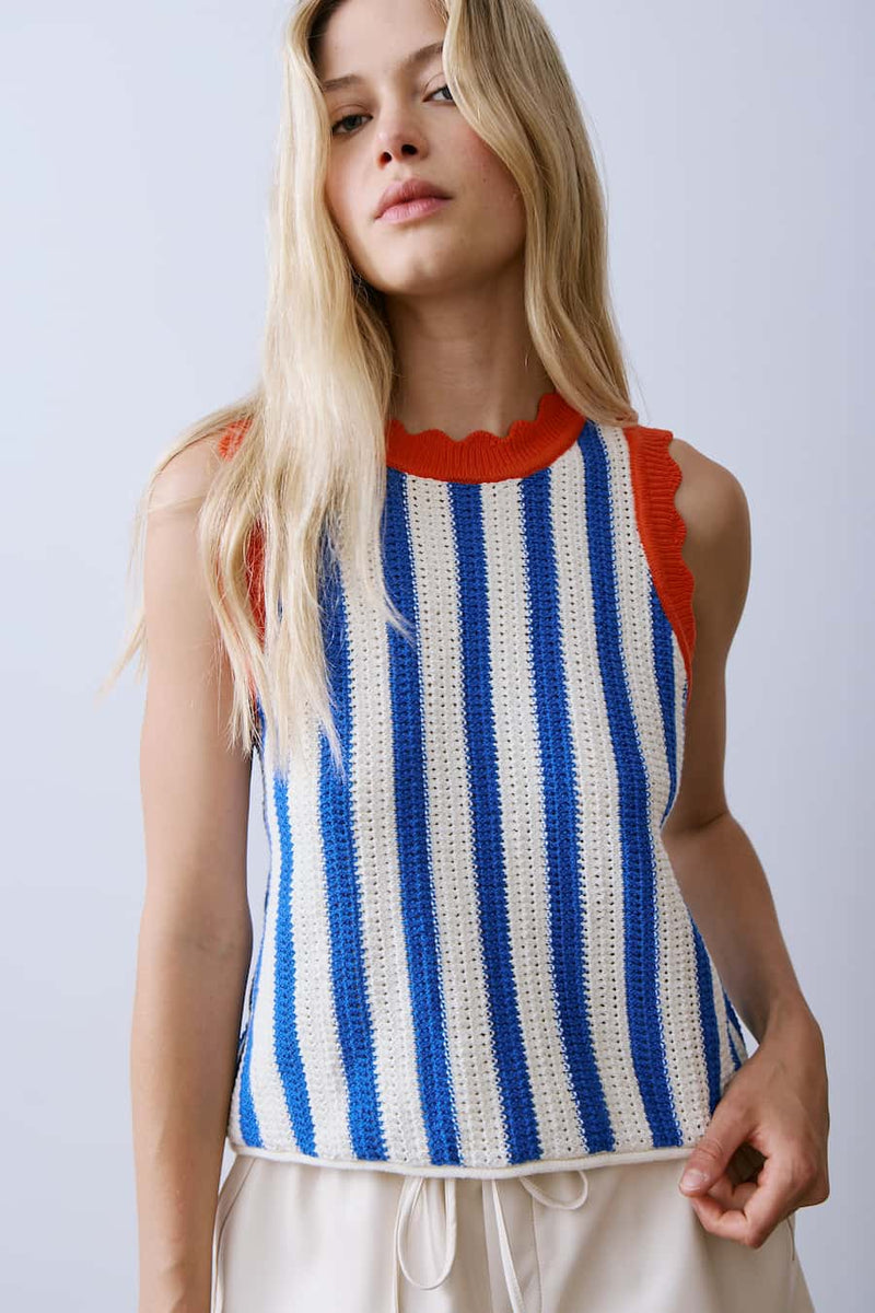 Melissa Nepton Azul sleeveless knit top with blue and ivory vertical stripes and contrast trim, front view at Lemonberry