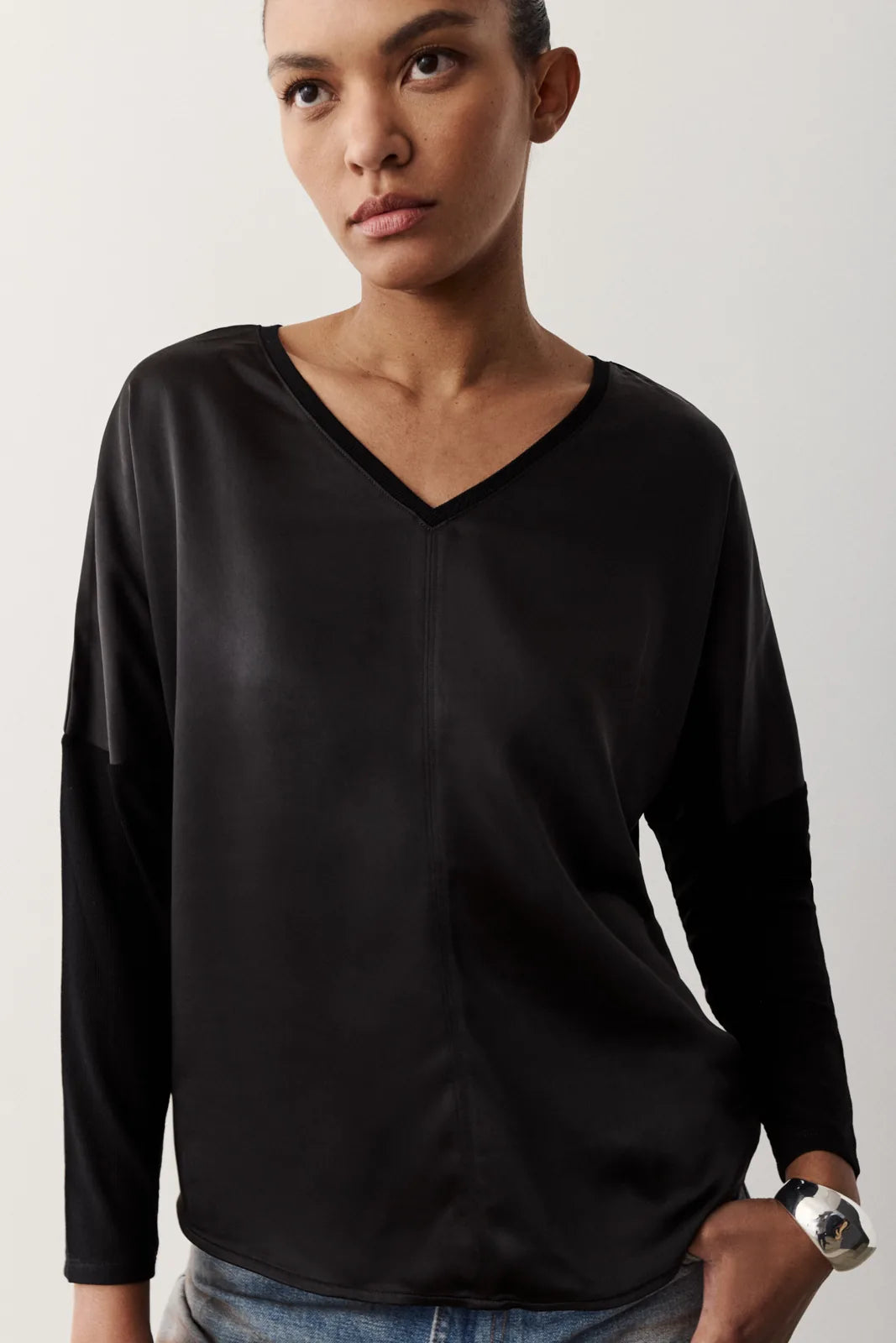 Melissa Nepton Cindy black V-neck blouse, front view
