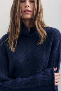 Melissa Nepton Elga navy turtleneck sweater, knit and neckline detail