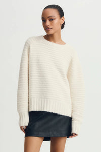 cream ottoman knit crewneck sweater styled with black skirt — Melissa Nepton, Lemonberry Aurora model
