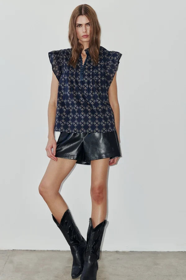 Melissa Nepton Gloria navy printed sleeveless blouse