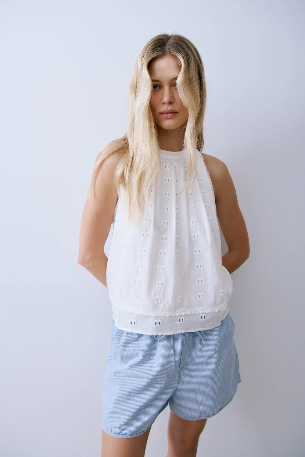 Melissa Nepton Hanly top off white embroidered halter tank front view Lemonberry Aurora