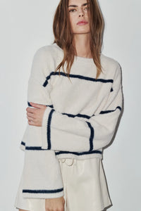 Melissa Nepton Iro cream sweater with navy contrast stripes, front view