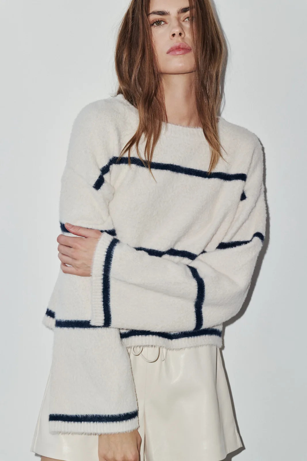 Melissa Nepton Iro cream sweater with navy contrast stripes, front view