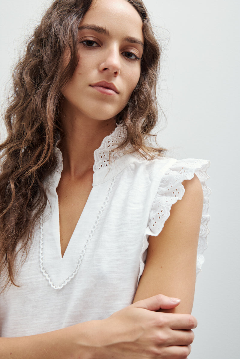 Close-up of Melissa Nepton Jodie top showing off-white fabric, eyelet ruffle sleeve, and neckline detail