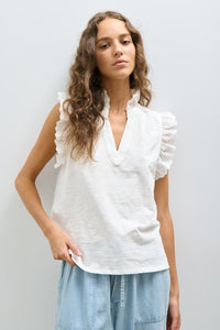 Melissa Nepton Jodie top in off-white with ruffled eyelet sleeves and v-neckline, front view at Lemonberry