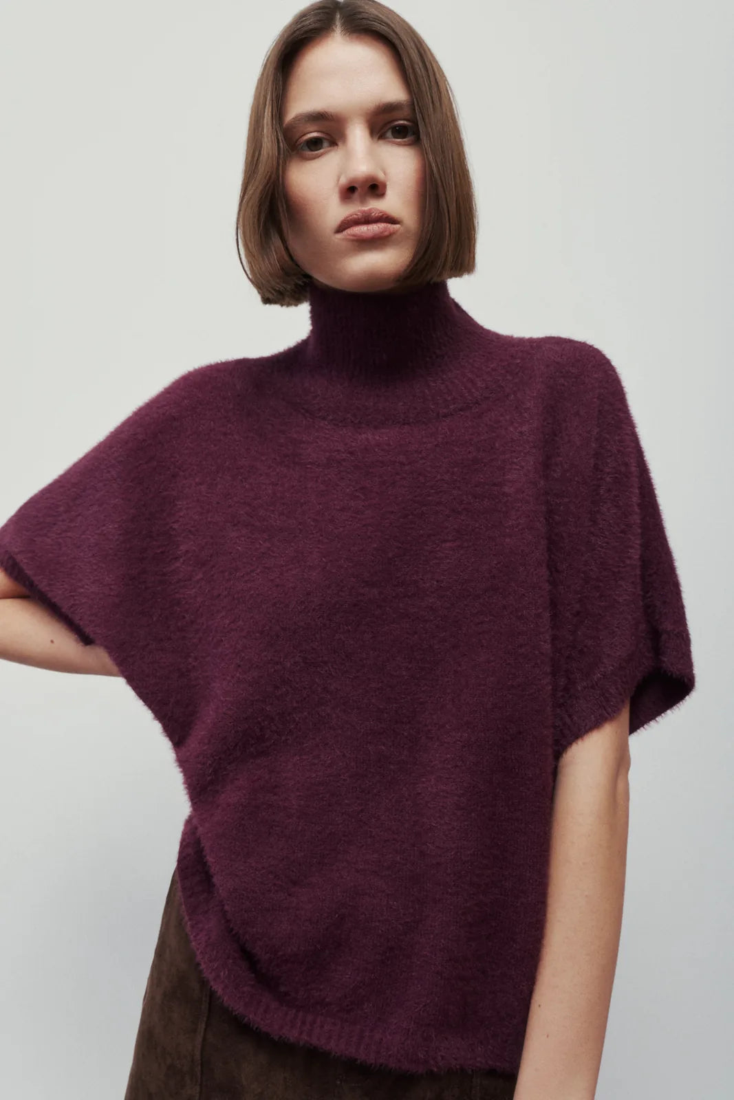 Melissa Nepton Jovani burgundy short sleeve mock neck sweater, front view