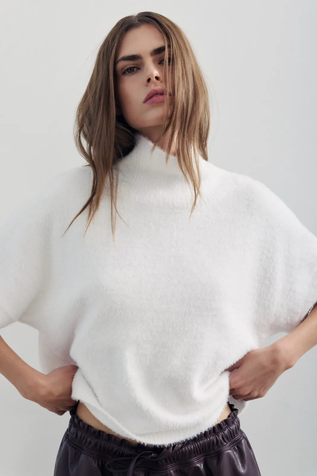 Melissa Nepton Jovani winter white short sleeve mock neck sweater, front detail