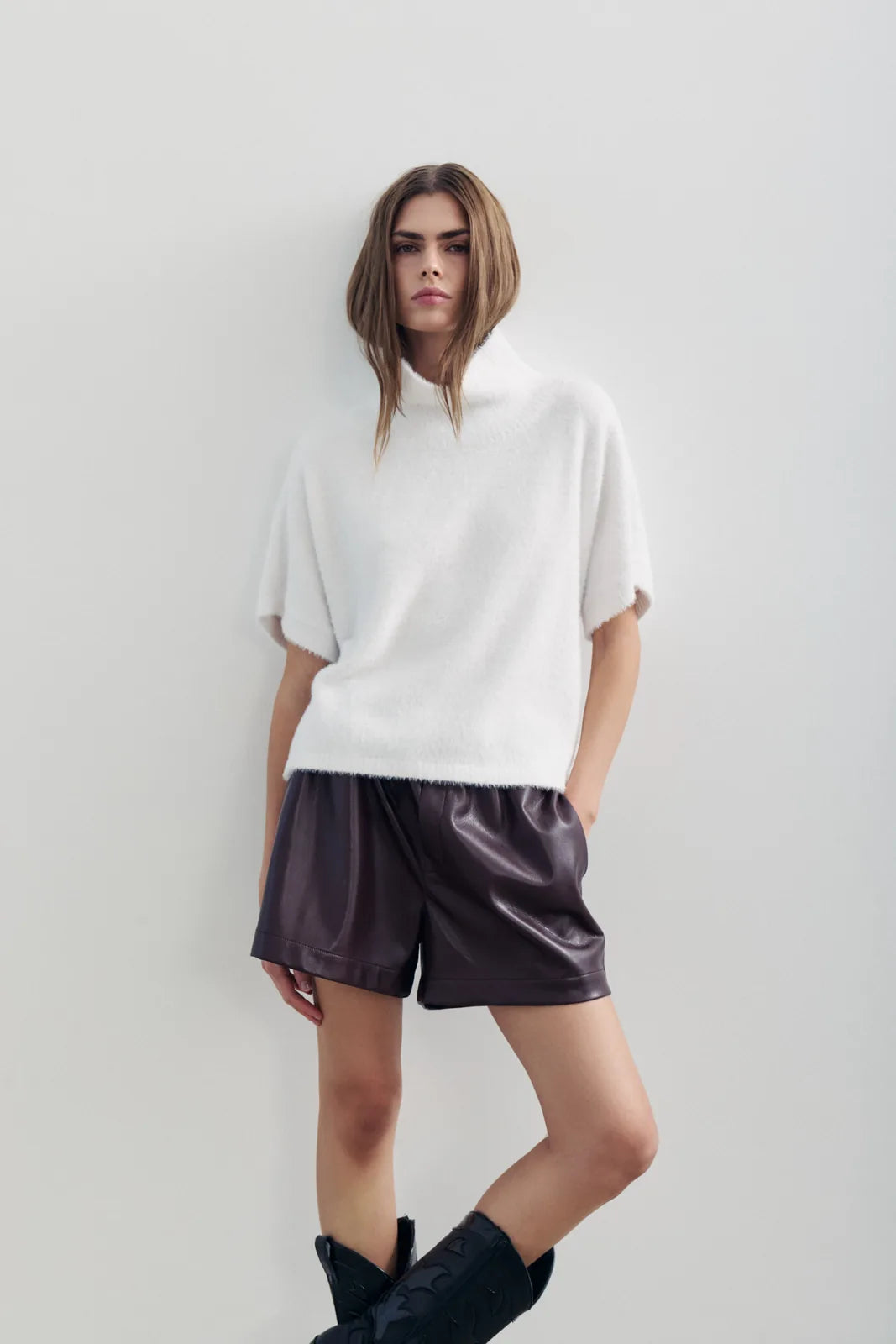 Melissa Nepton Jovani winter white short sleeve mock neck sweater styled with shorts
