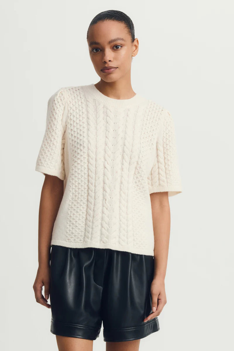 cream cable knit short sleeve Jove sweater tee paired with black shorts — Melissa Nepton, Lemonberry Aurora model