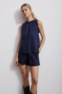 Linen summer tank in navy, with scalloped crochet neckline detail, Melissa Nepton, model view — Lemonberry Aurora